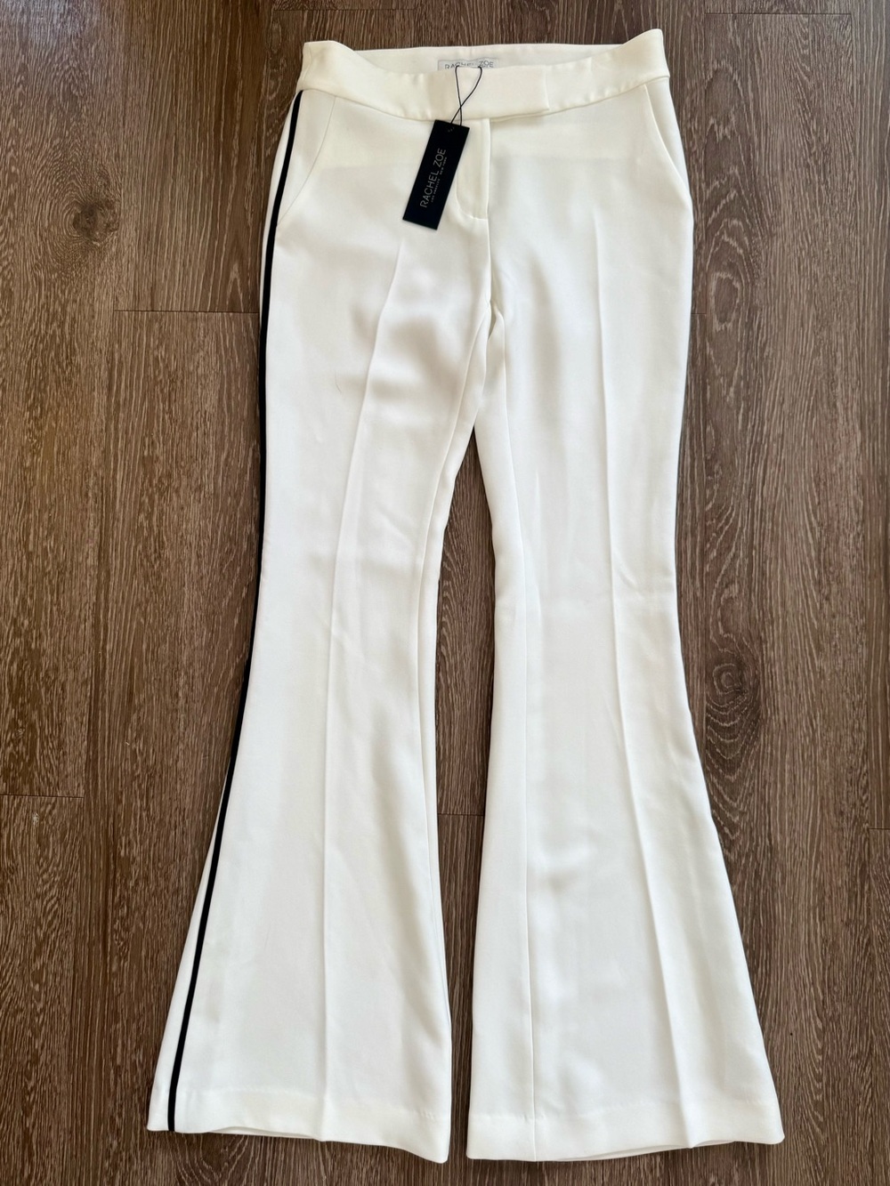 Rachel Zoe Reed Stretch-Crepe White Flare Pants w/ Black Side Stripe Size 2 NWT